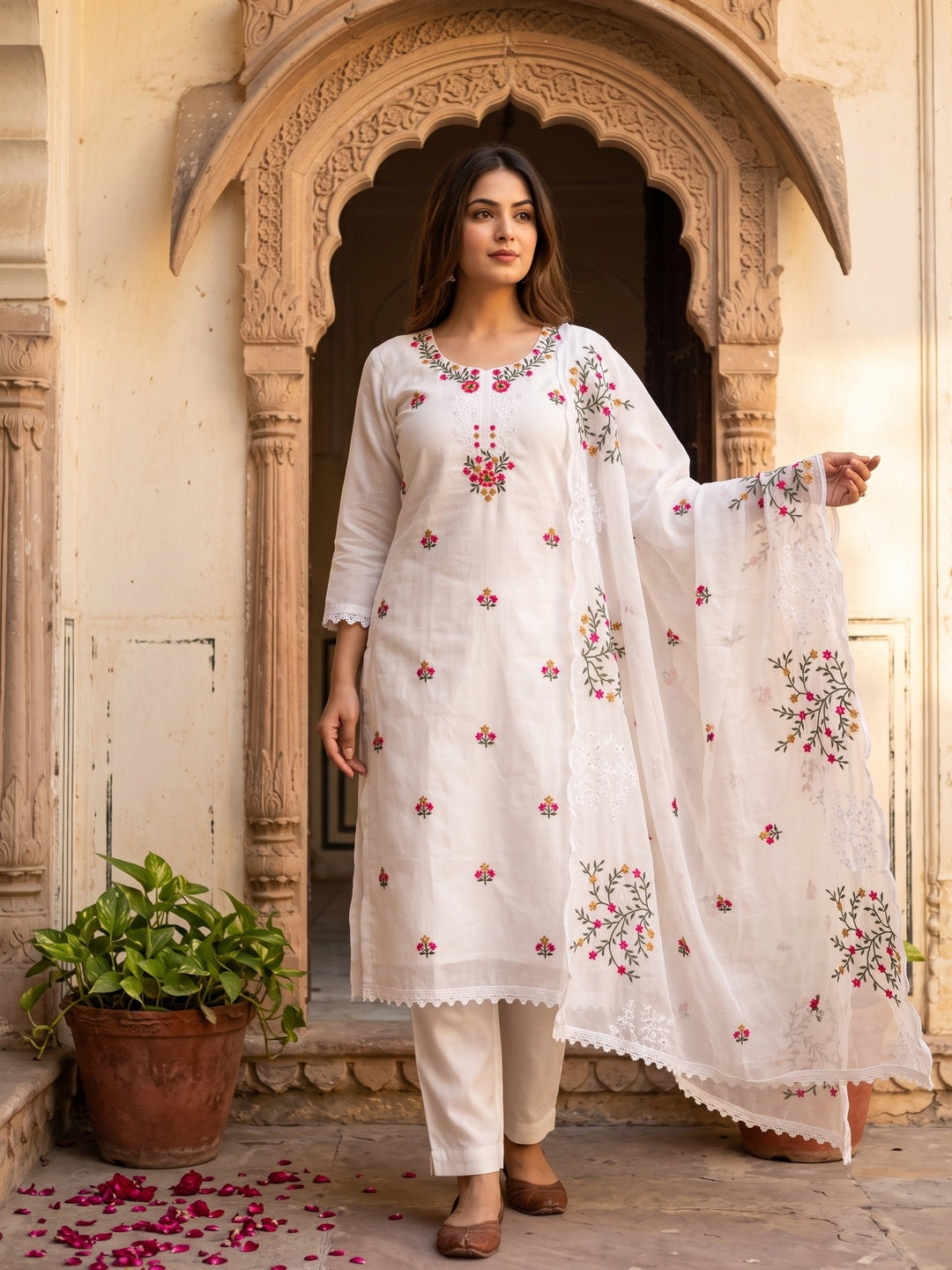The Perfect Blend of Grace White Floral Sequins Embroidered Chanderi Dress Material - Image 2