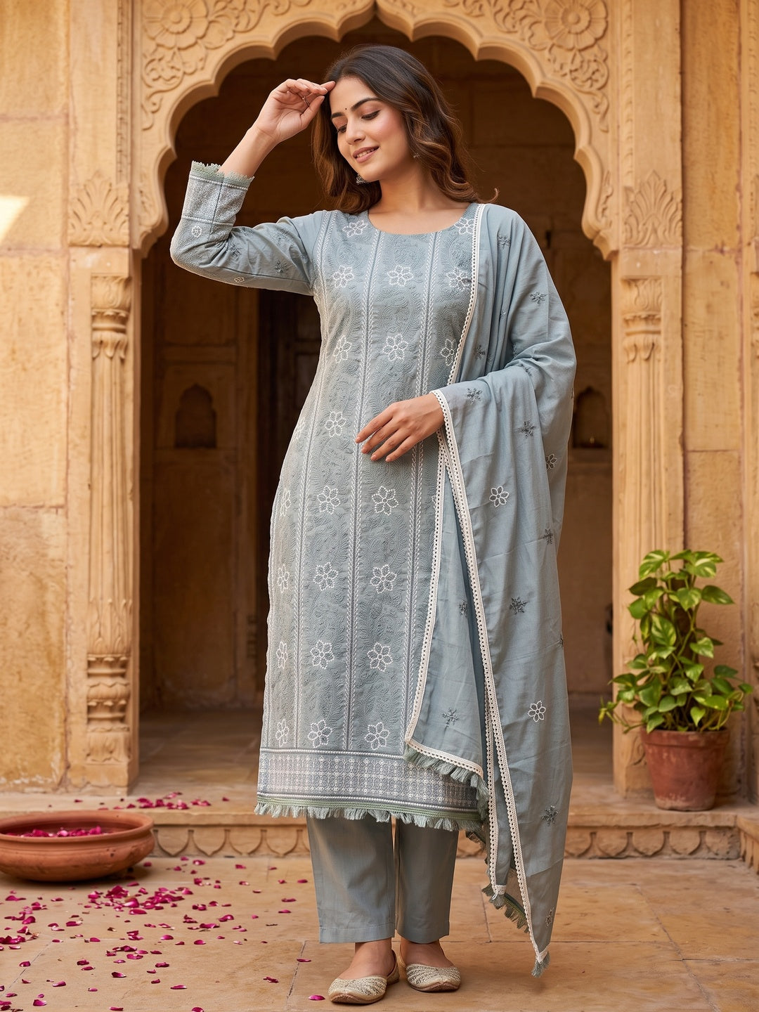 Grey Cotton Blend Dress Material With Intricate Floral Thread Embroidery Work - Image 2