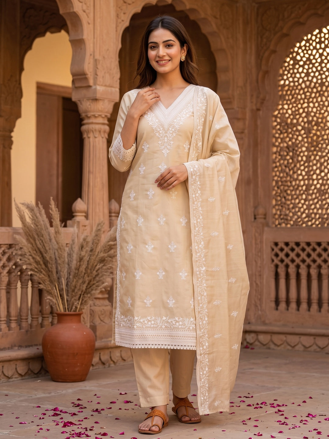Traditional Cream Chanderi Silk Suit Fabric with Embroidered Floral Patterns - Image 2
