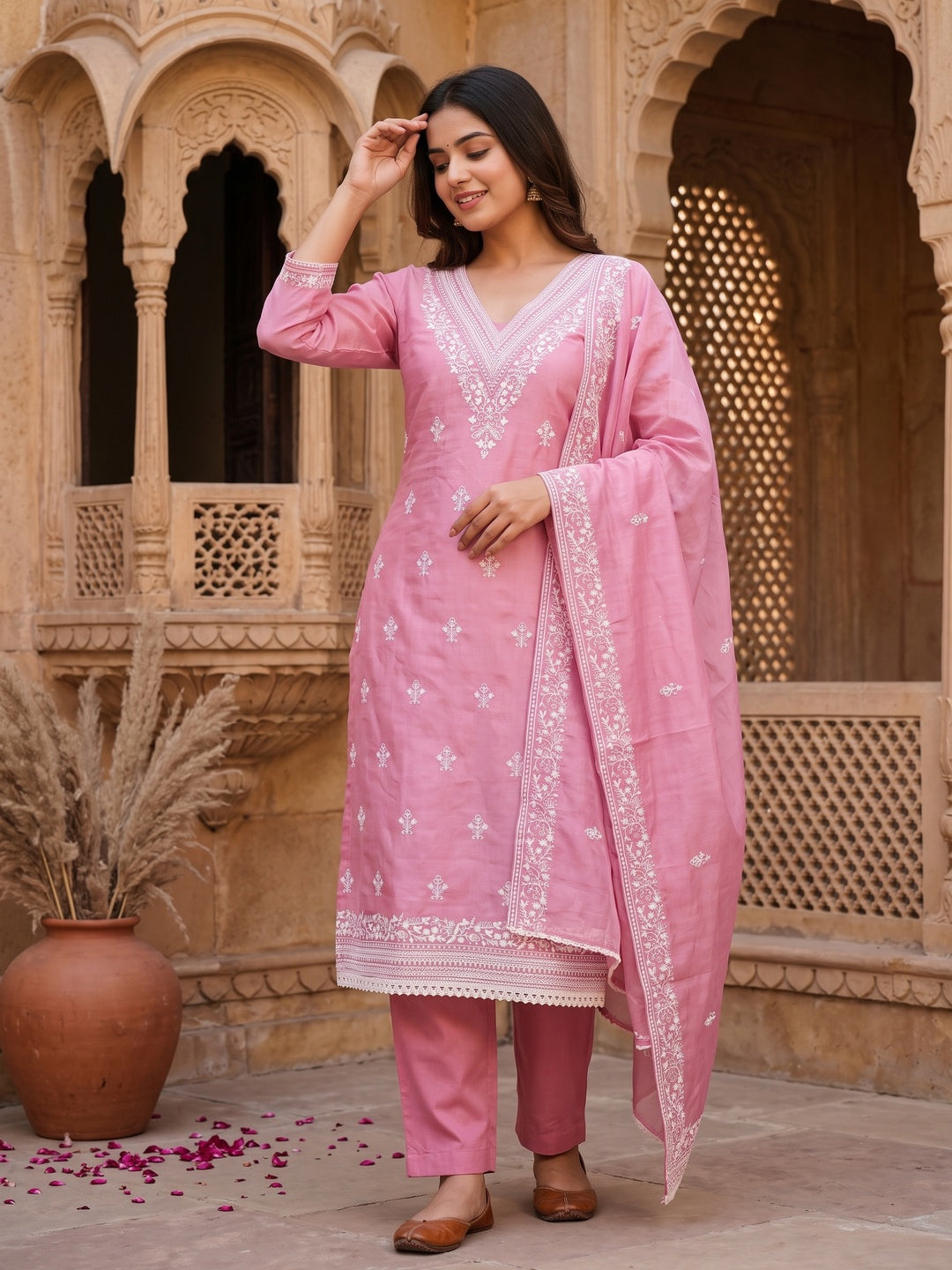 Traditional Pink Chanderi Silk Suit Fabric with Embroidered Floral Patterns - Image 2