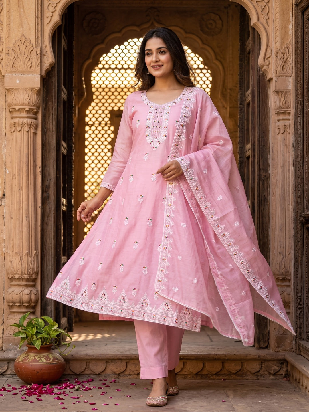 Pink Chanderi Silk Dress Material with Embroidery and Intricate Thread Detailing - Image 4