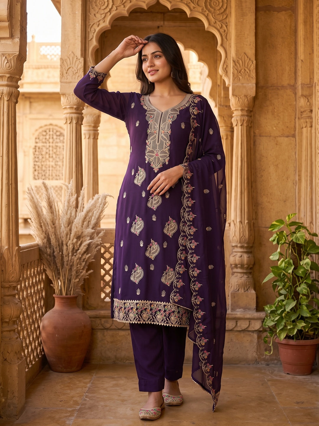Dark Purple Georgette Dress Material Adorned With Floral Embroidery & Elegant Lace Border - Image 1