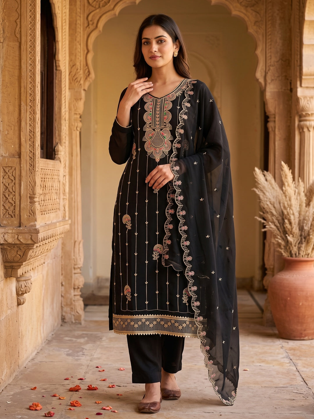 Black Floral Embroidered Unstitched Suit Fabric in Flowing Georgette - Image 1