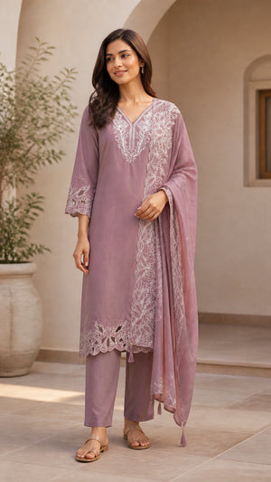 Peachmode Mauve Poly Blend Floral Embroidered Salwar Suit Set - Image 1