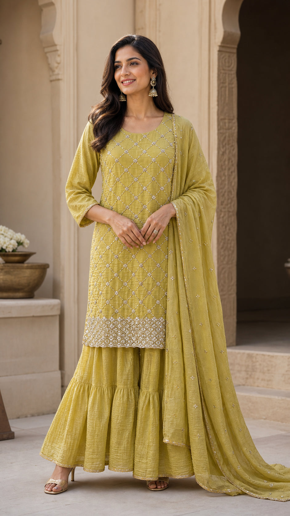 Peachmode Yellow Silk Blend Sequins Embellished Sharara Salwar Suit Set - Image 1