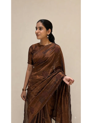 Peachmode Brown Bead Embroidered Fandy Satin Saree - Image 2