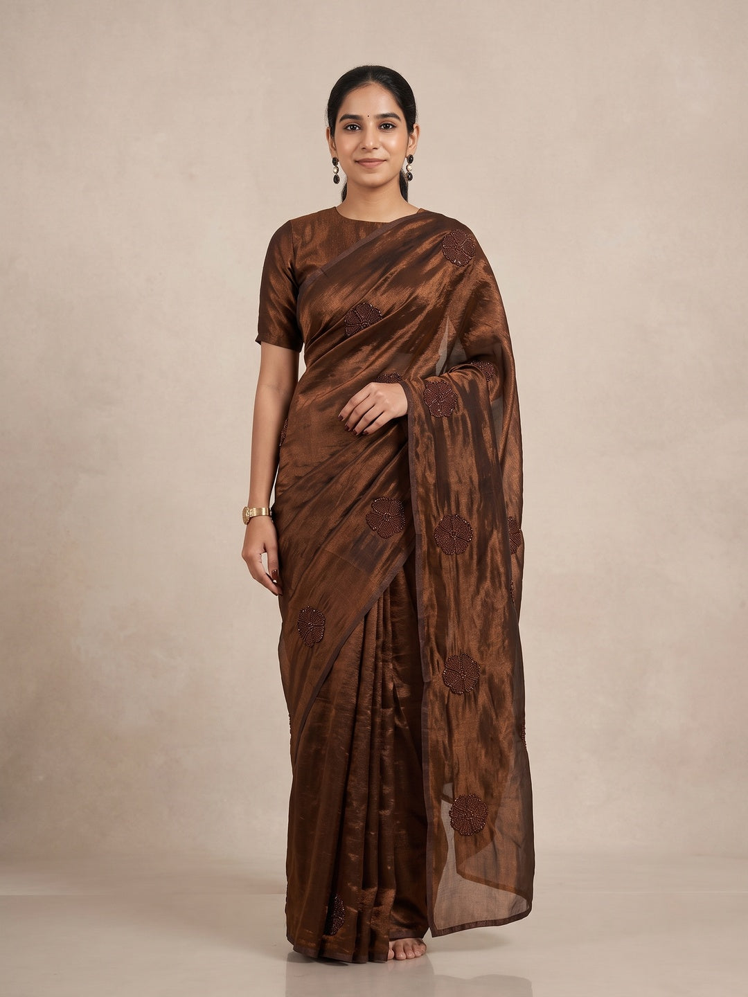 Peachmode Brown Bead Embroidered Fandy Satin Saree - Image 1