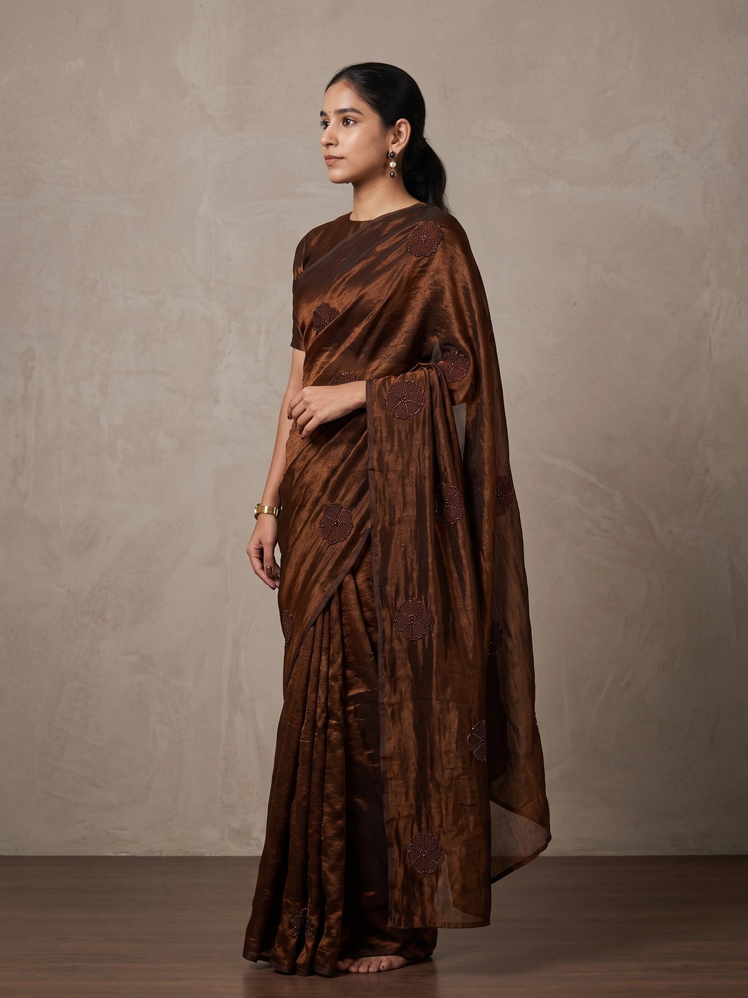 Peachmode Brown Bead Embroidered Fandy Satin Saree - Image 4