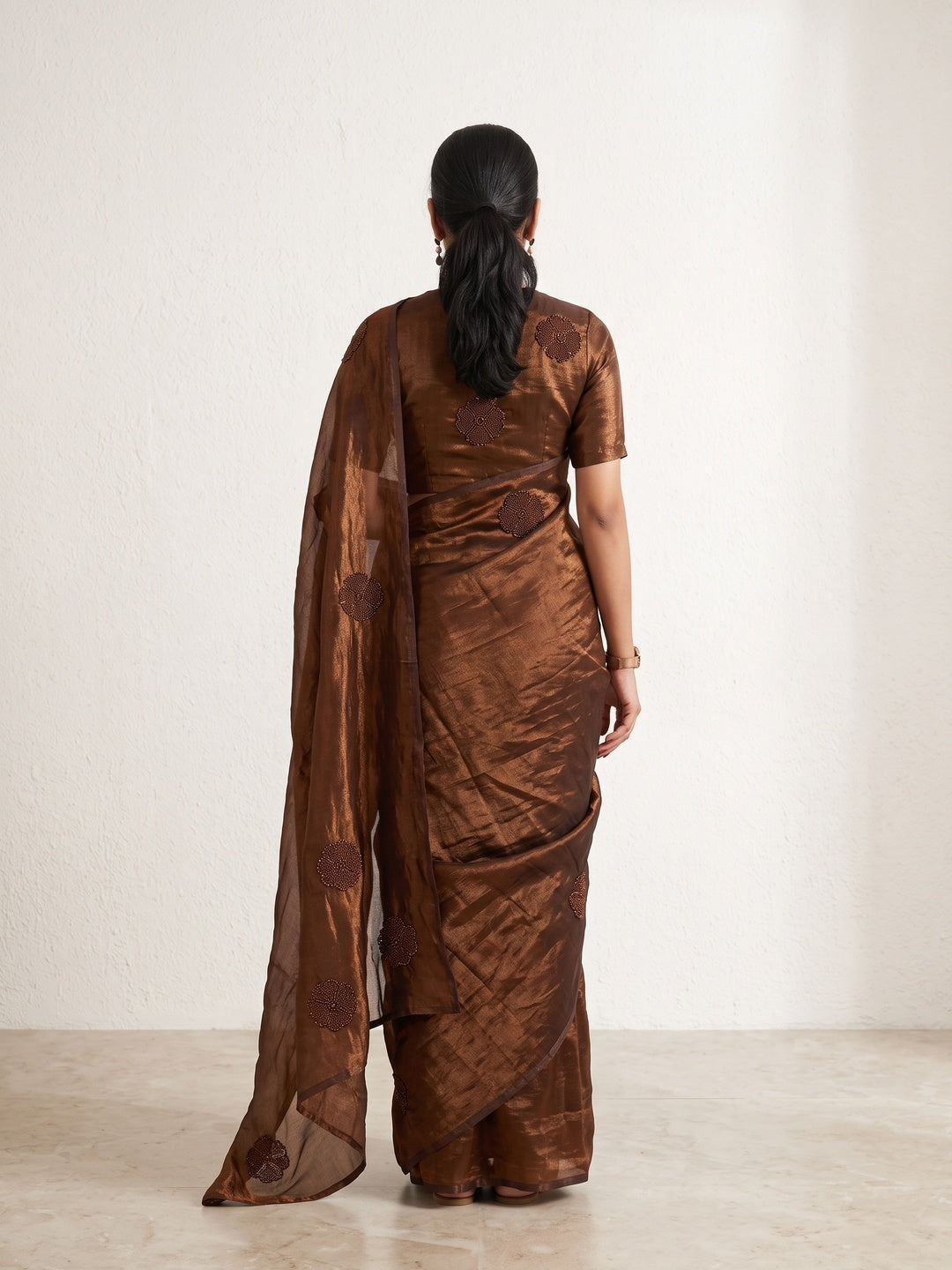 Peachmode Brown Bead Embroidered Fandy Satin Saree - Image 5