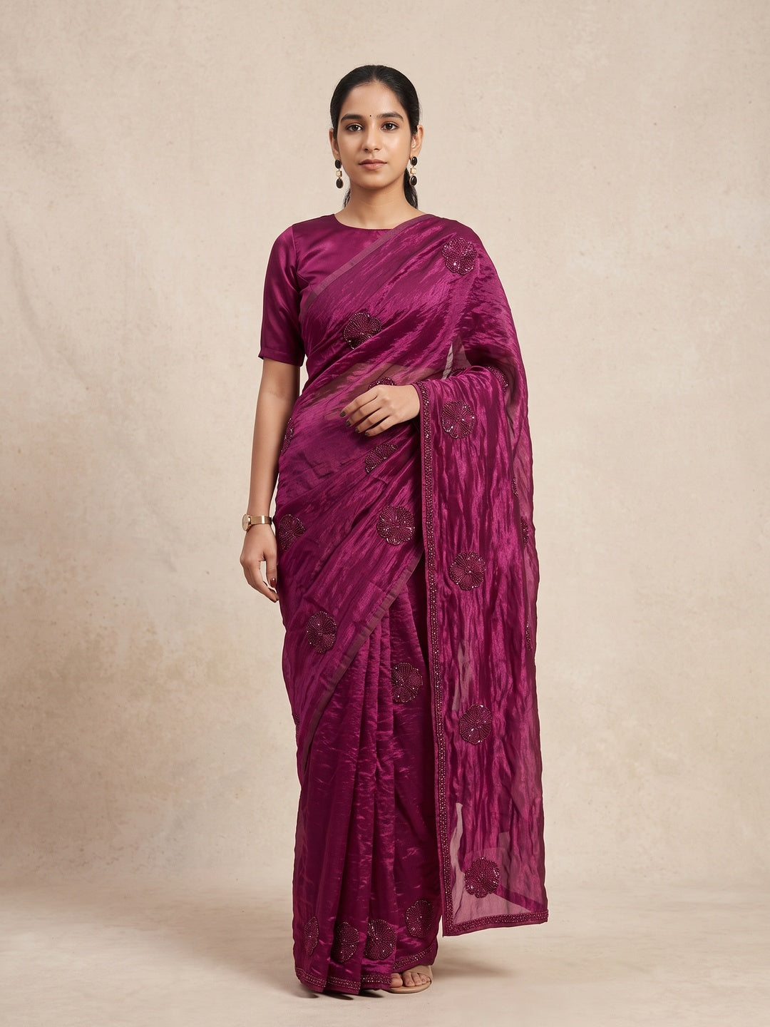 Peachmode Magenta Bead Embroidered Fandy Satin Saree - Image 1