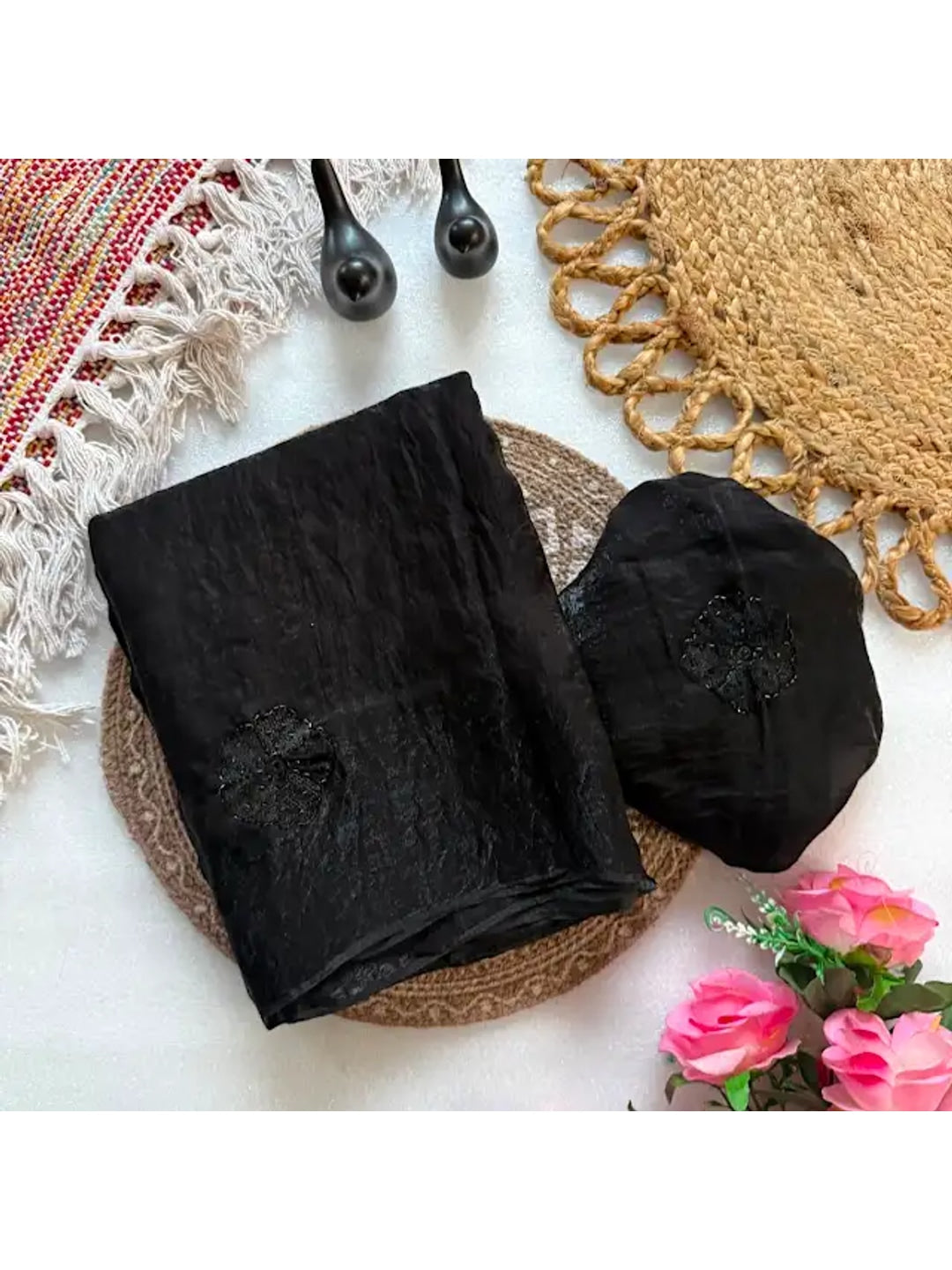 Peachmode Black Bead Embroidered Fandy Satin Saree - Image 3