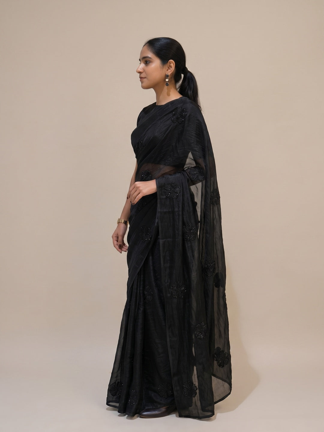 Peachmode Black Bead Embroidered Fandy Satin Saree - Image 4