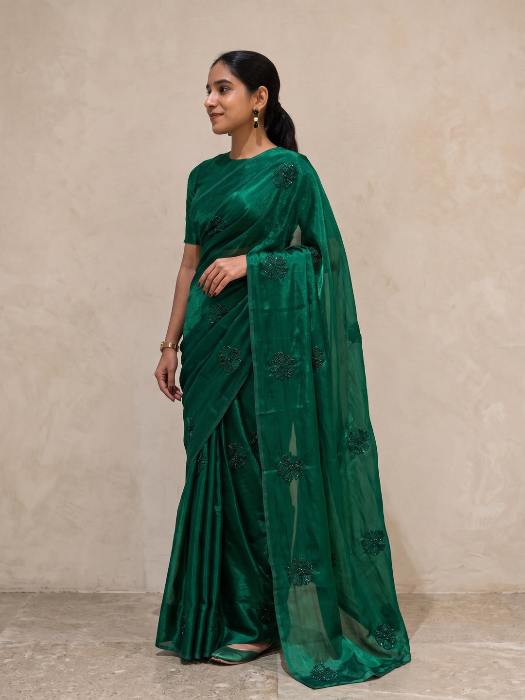 Peachmode Green Bead Embroidered Fandy Satin Saree - Image 4