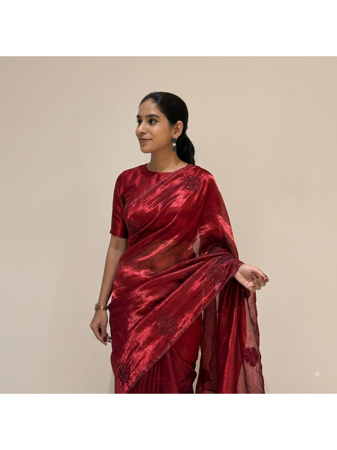Peachmode Red Bead Embroidered Fandy Satin Saree - Image 2