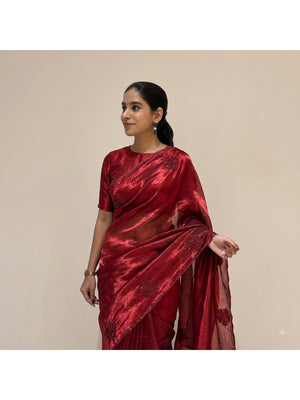 Peachmode Red Bead Embroidered Fandy Satin Saree - Image 2