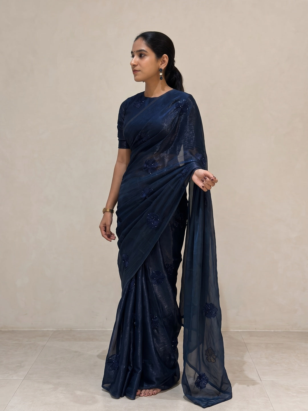 Peachmode Navy Blue Bead Embroidered Fandy Satin Saree - Image 1