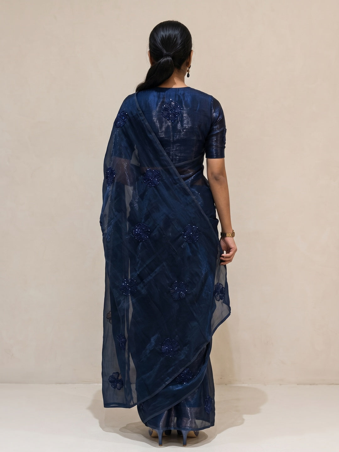 Peachmode Navy Blue Bead Embroidered Fandy Satin Saree - Image 5