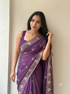 Peachmode Purple Sequin Embroidered Star Georgette Saree - Image 1