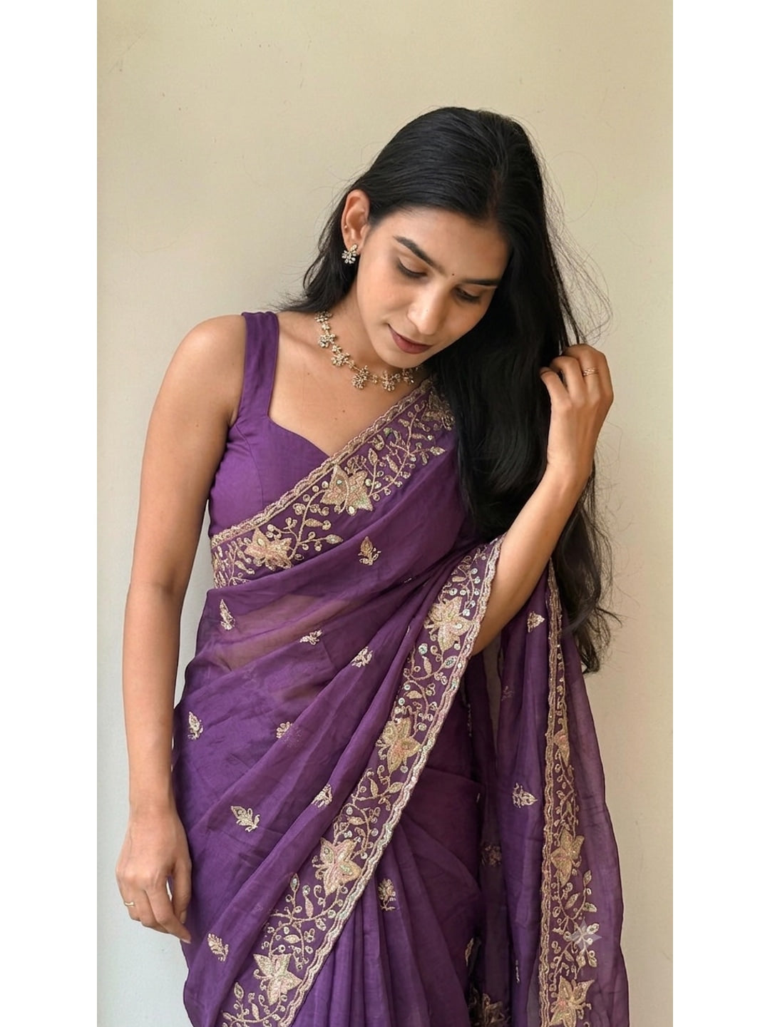 Peachmode Purple Sequin Embroidered Star Georgette Saree - Image 2