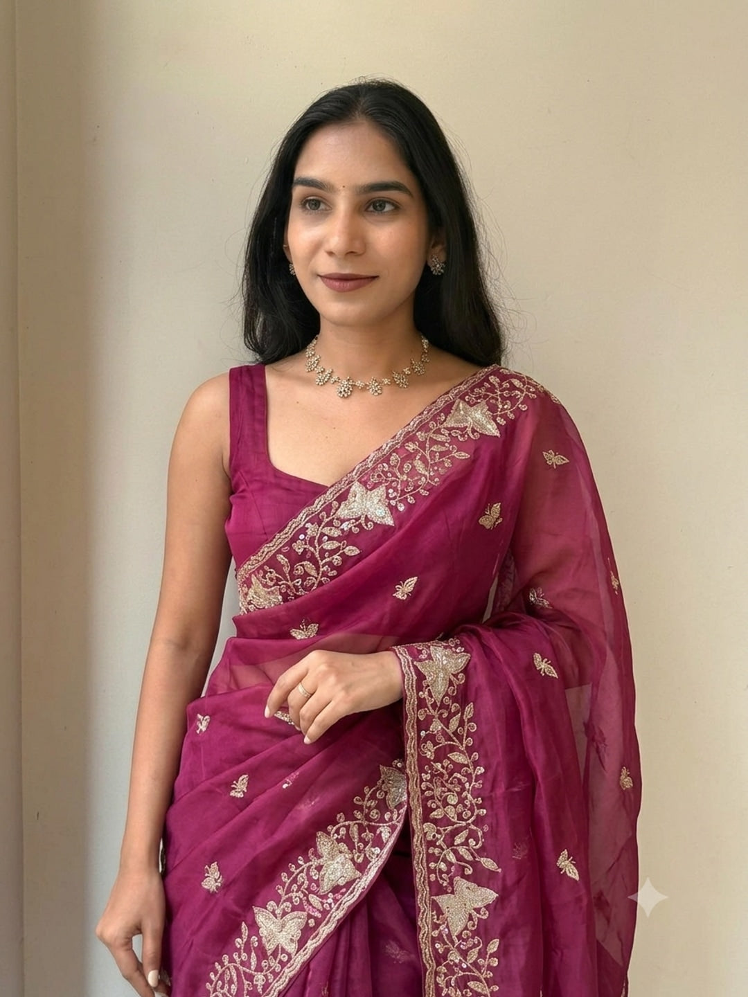 Peachmode Magenta Sequin Embroidered Star Georgette Saree - Image 3