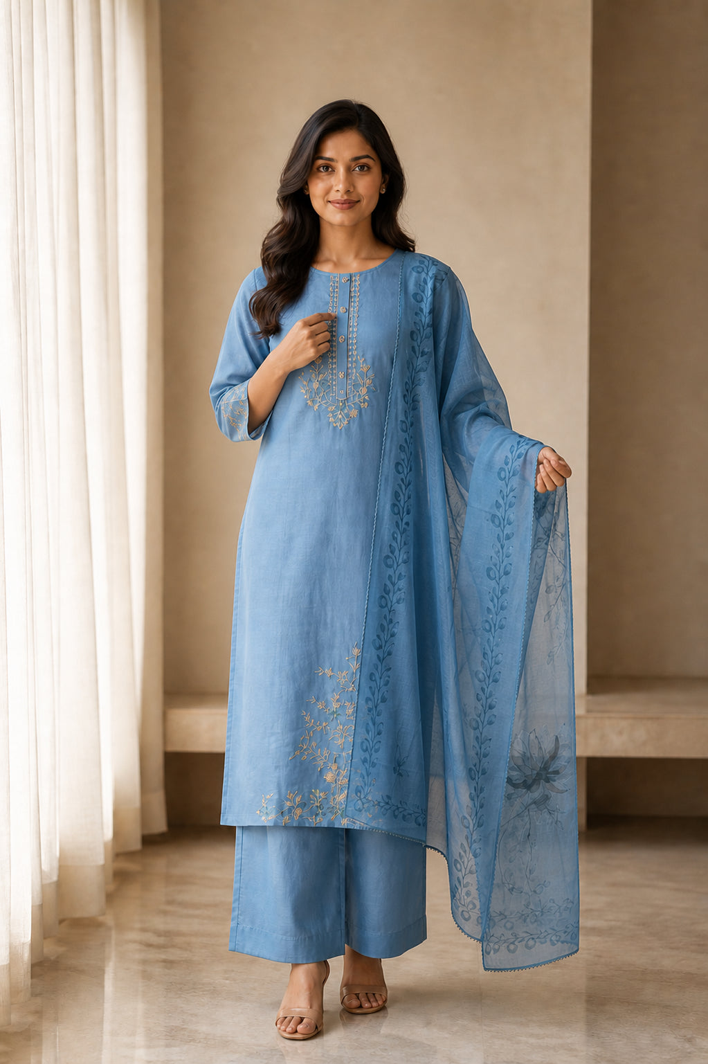 Peachmode Sky Blue Chanderi Silk Floral Embroidered Salwar Suit - Image 5