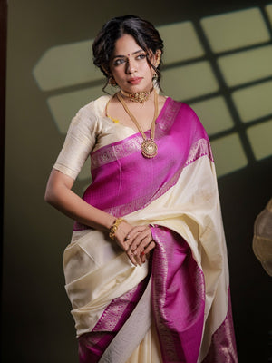 Peachmode Cream Kanjivaram Soft Silk Zari Saree - Image 2