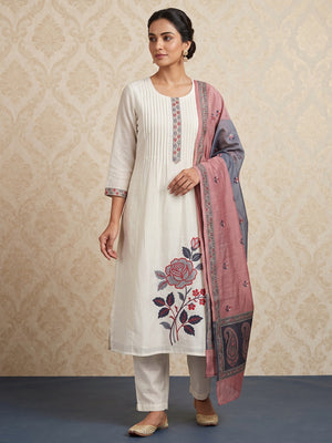 Peachmode Off White Chanderi Floral Embroidered Salwar Suit Set - Image 1