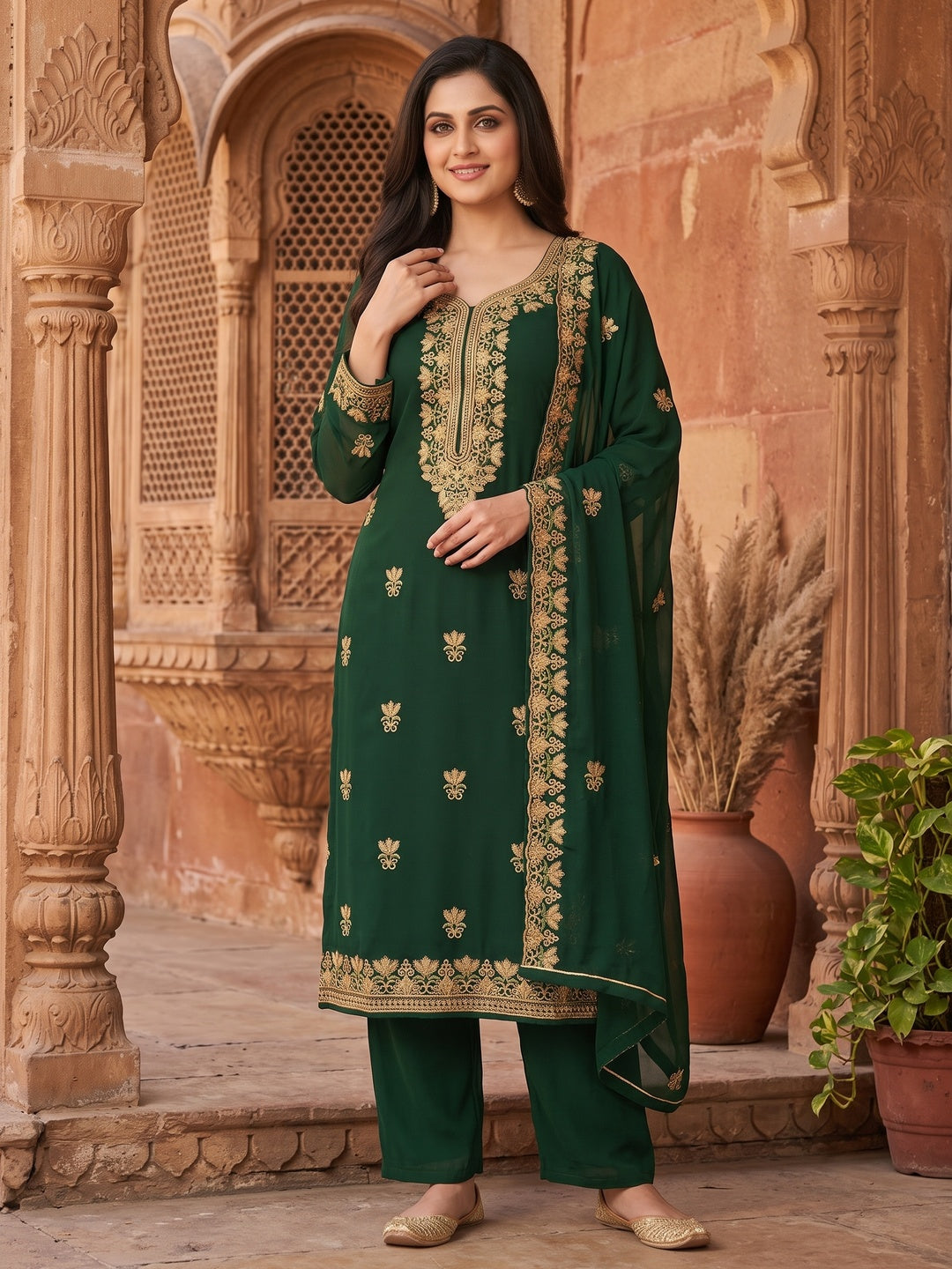 Ideal Dark Green Coloured Casual Wear Embroidered Georgette Dress Material - Image 4