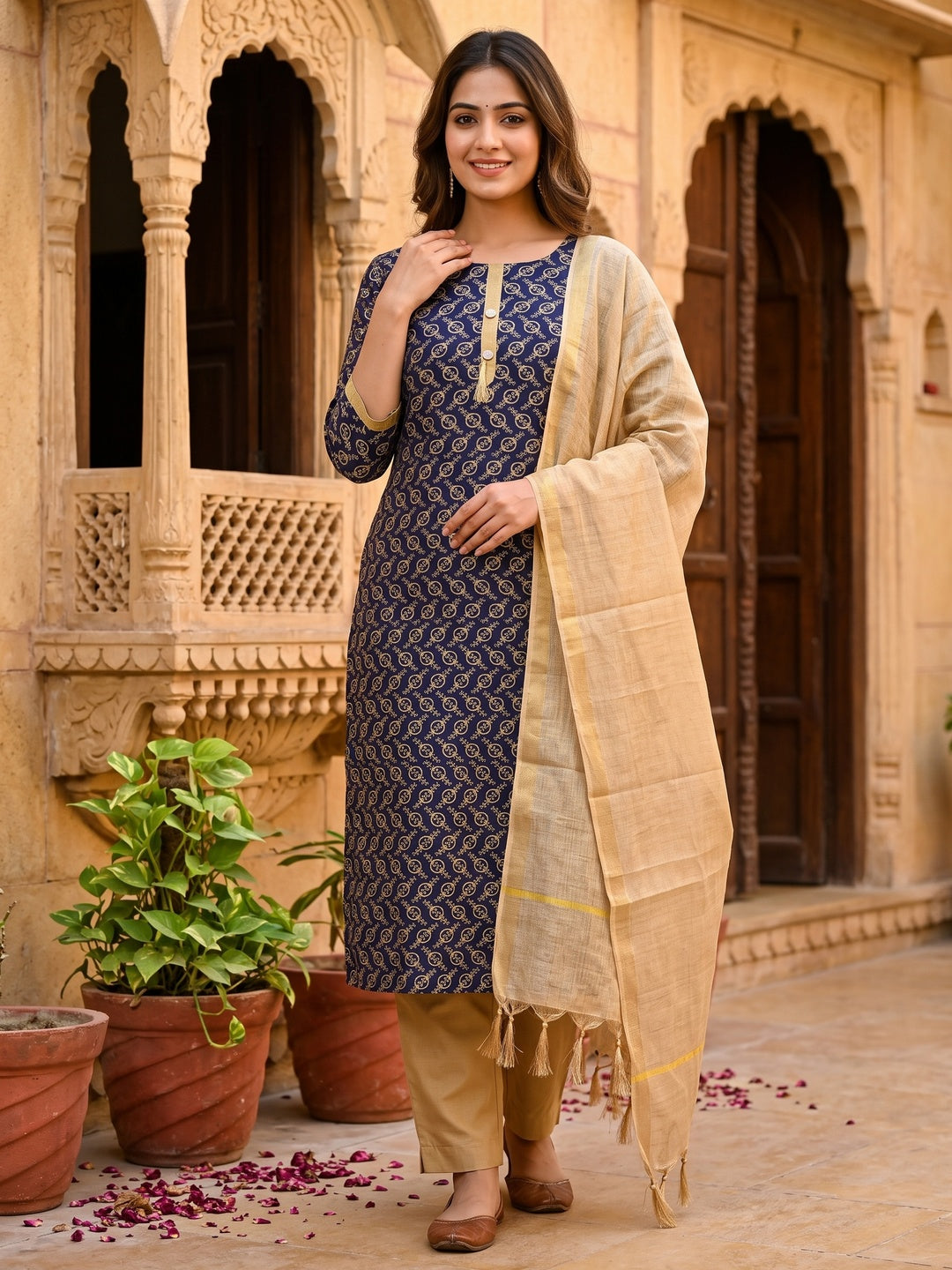 Navy Blue Casual Wear Embroidered Chanderi Dress Material - Image 4