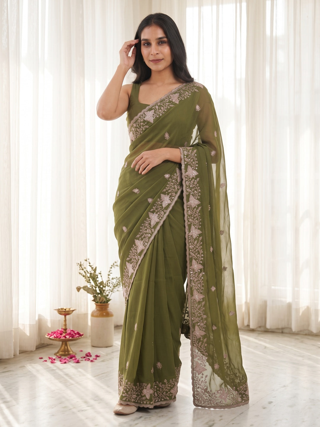 Peachmode Olive Green Sequin Embroidered Star Georgette Saree - Image 1