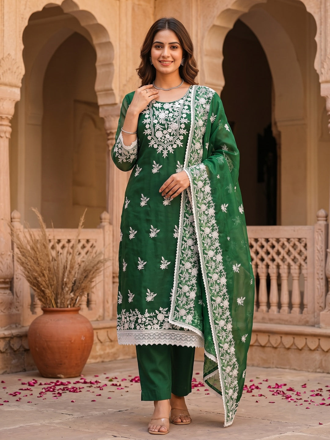 Green Floral Embroidered Organza Dress Material - Image 4
