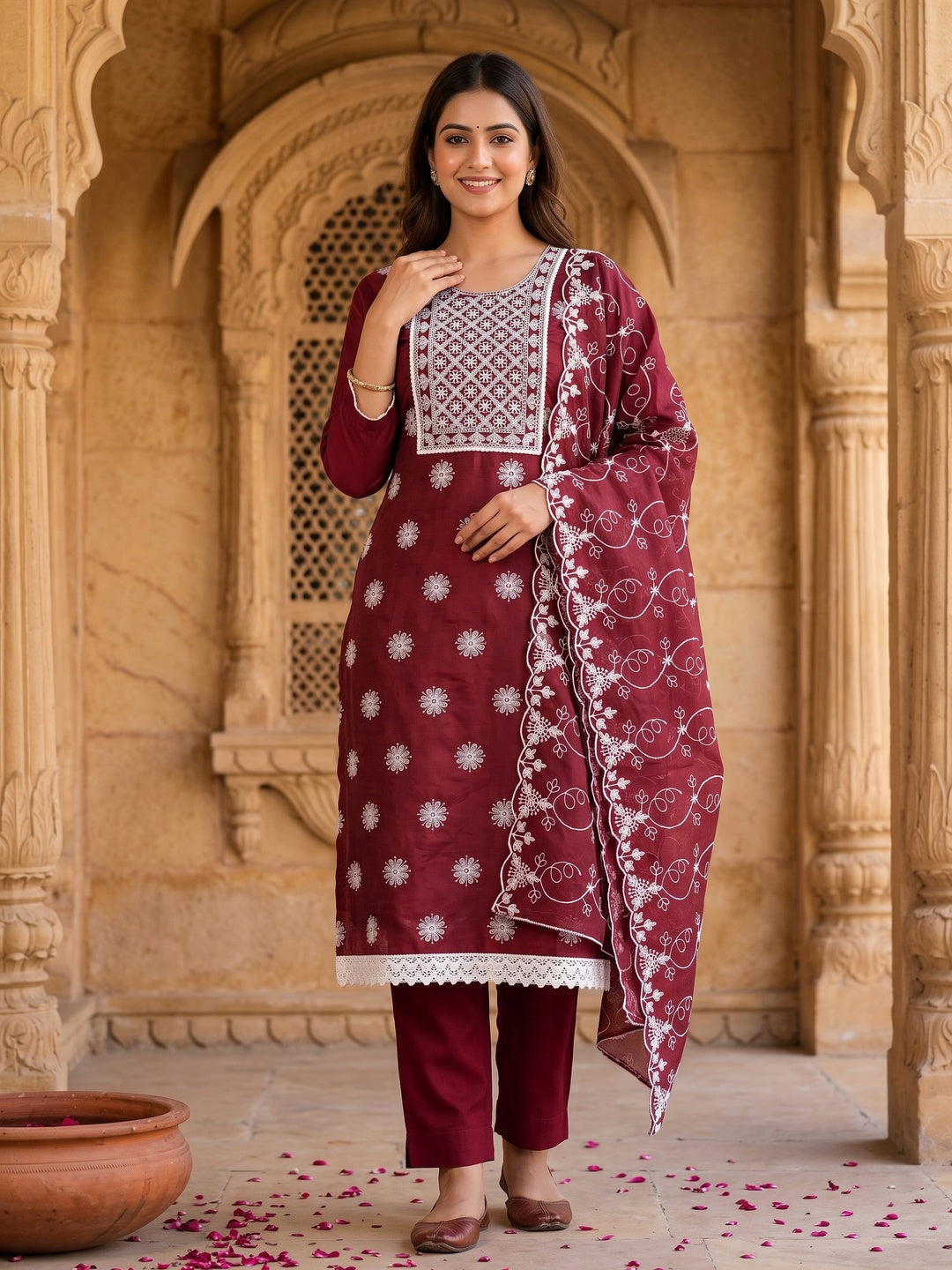 Maroon Floral Embroidered Chanderi Dress Material - Image 4
