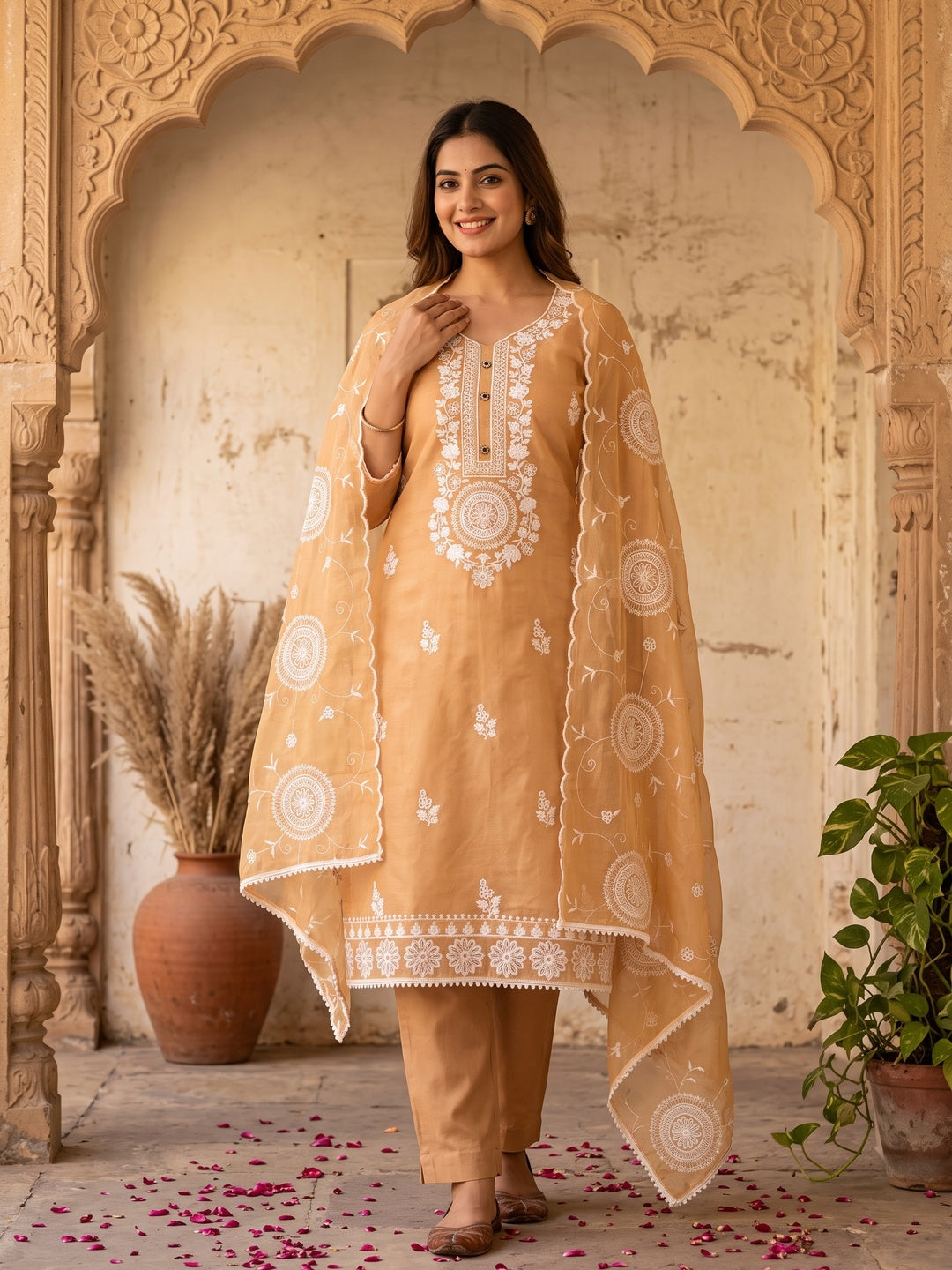 Chikoo Floral Embroidered Chanderi Dress Material - Image 4
