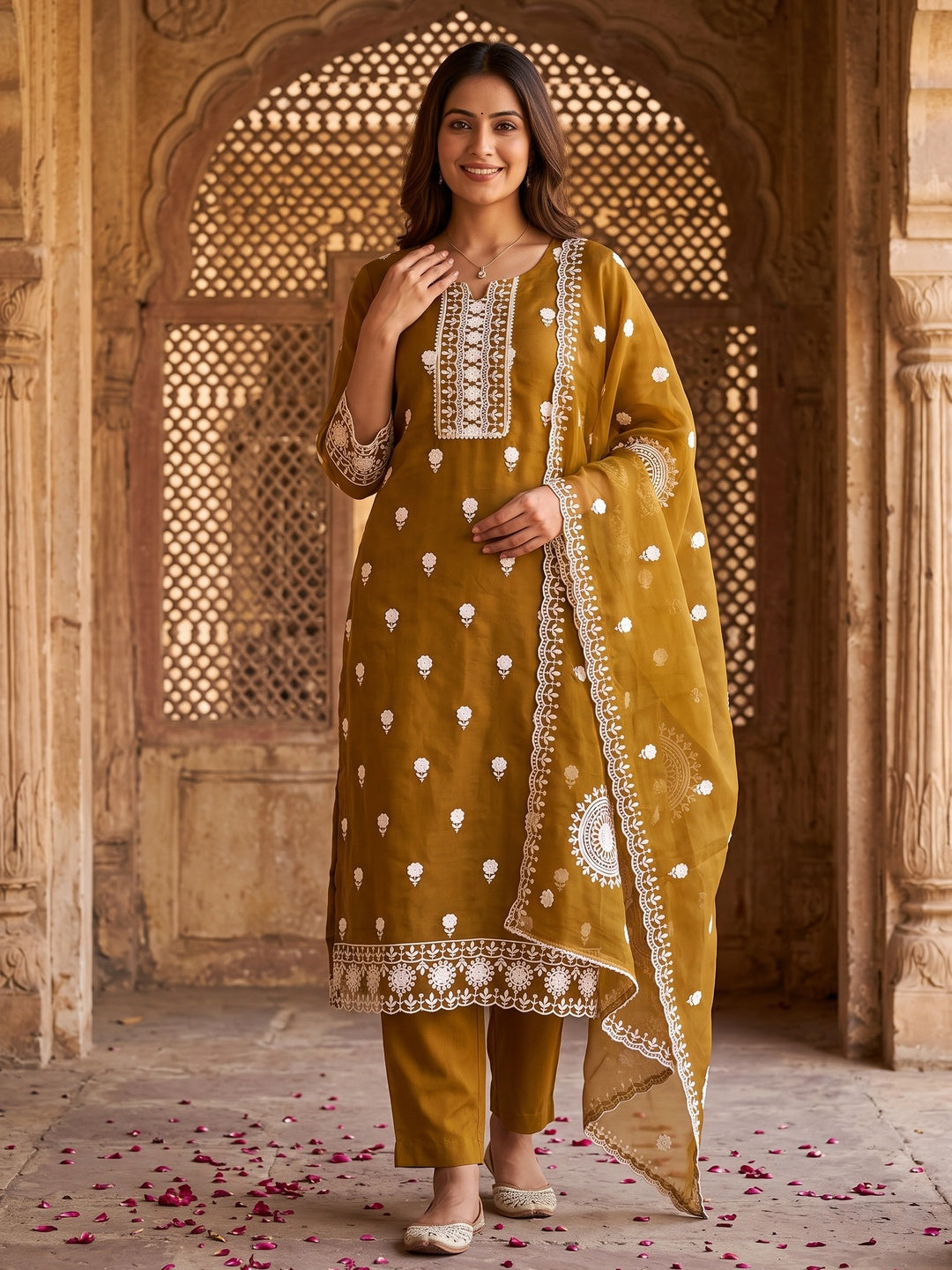 Dark Mustard Floral Embroidered Organza Dress Material - Image 4
