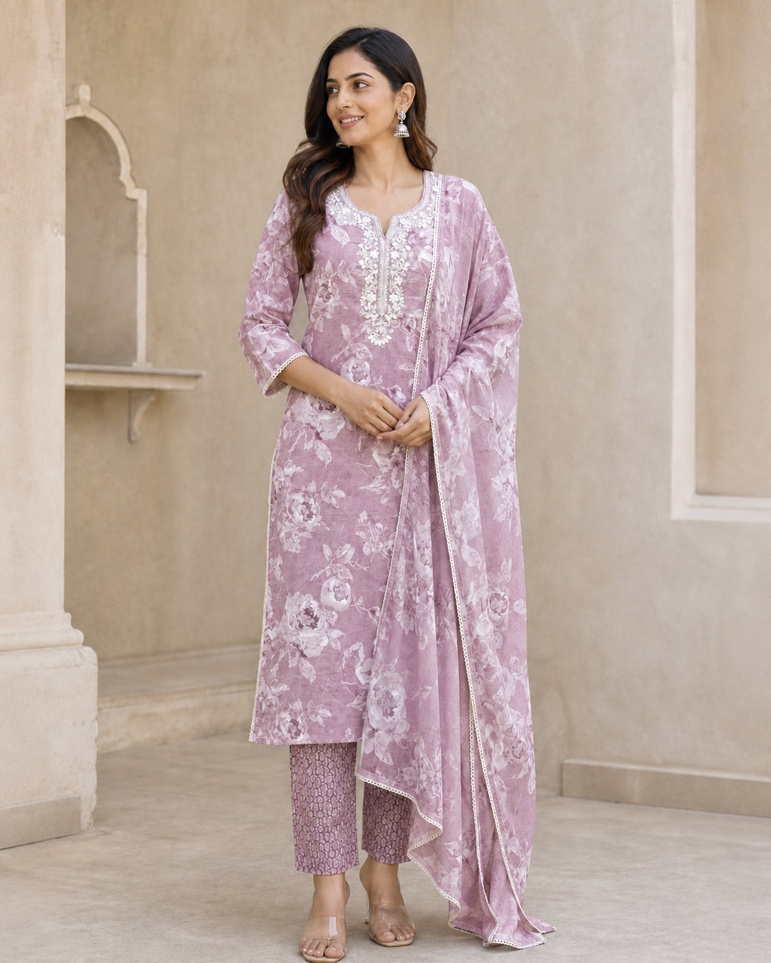 Peachmode Pink Pure Cotton Floral Printed & Embroidered Salwar Suit Set - Image 1