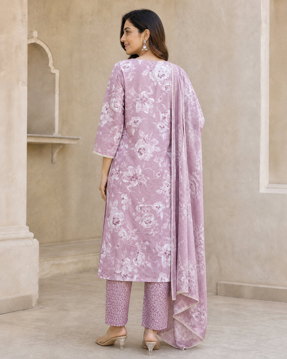 Peachmode Pink Pure Cotton Floral Printed & Embroidered Salwar Suit Set - Image 4