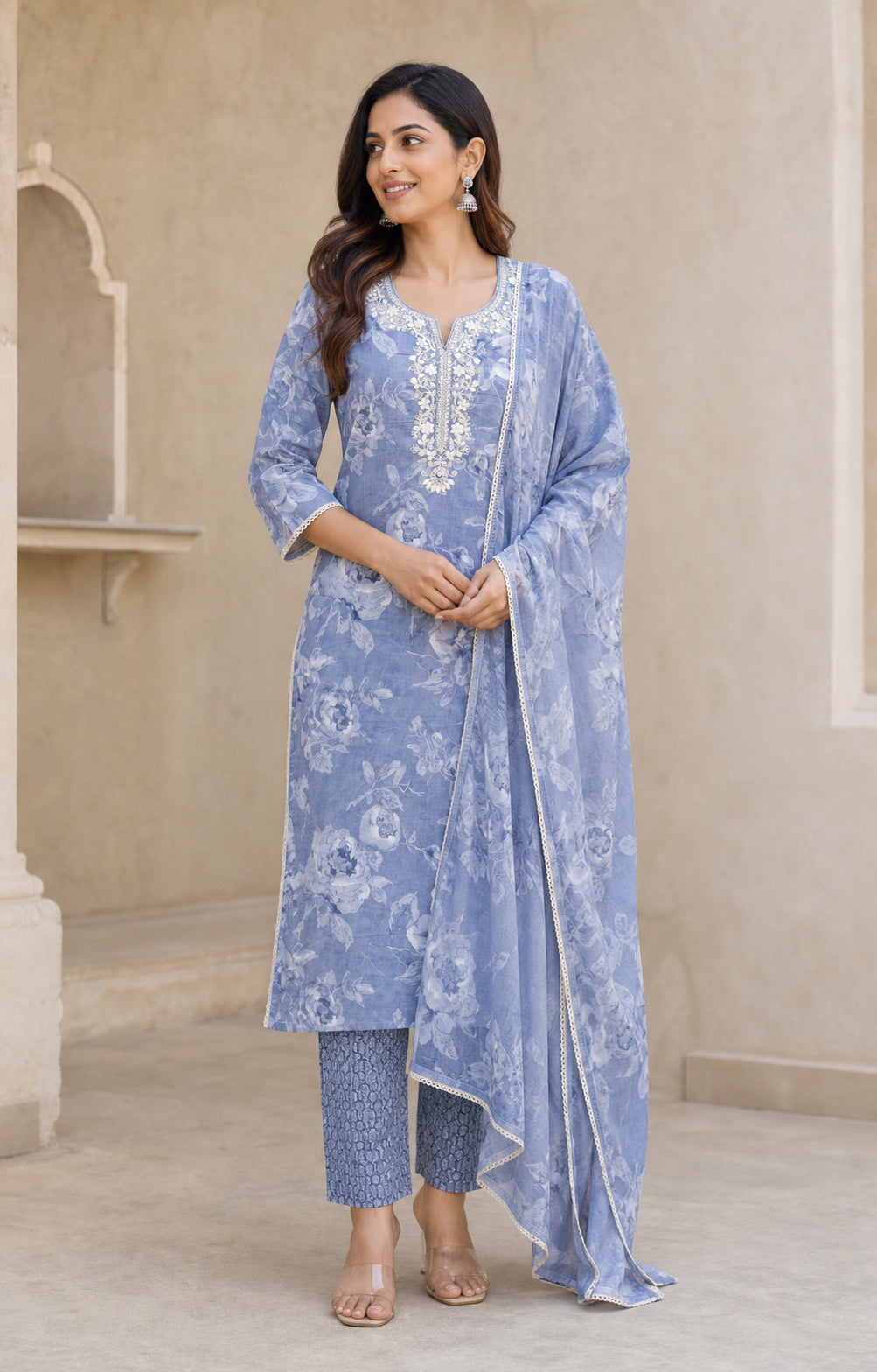 Peachmode Blue Pure Cotton Floral Printed & Embroidered Salwar Suit Set - Image 1