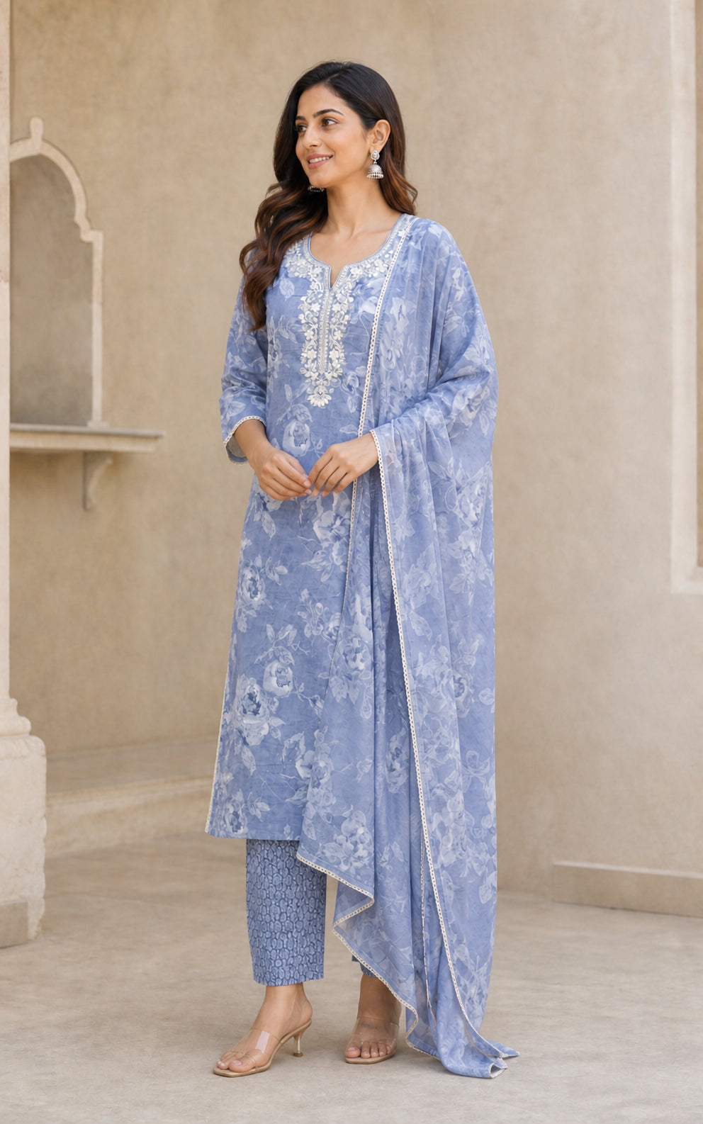 Peachmode Blue Pure Cotton Floral Printed & Embroidered Salwar Suit Set - Image 3