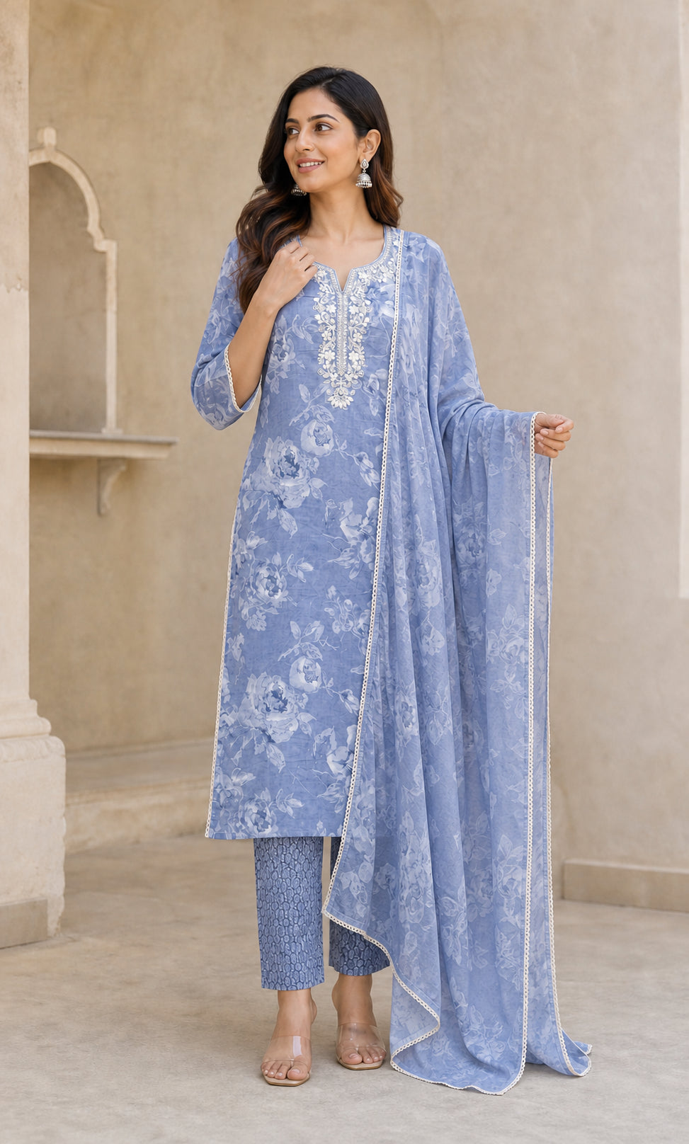 Peachmode Blue Pure Cotton Floral Printed & Embroidered Salwar Suit Set - Image 5