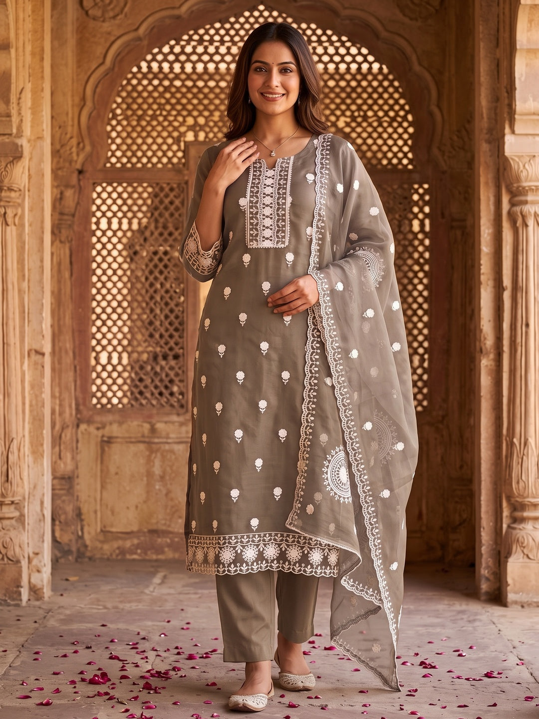 Grey Floral Embroidered Organza Dress Material - Image 4