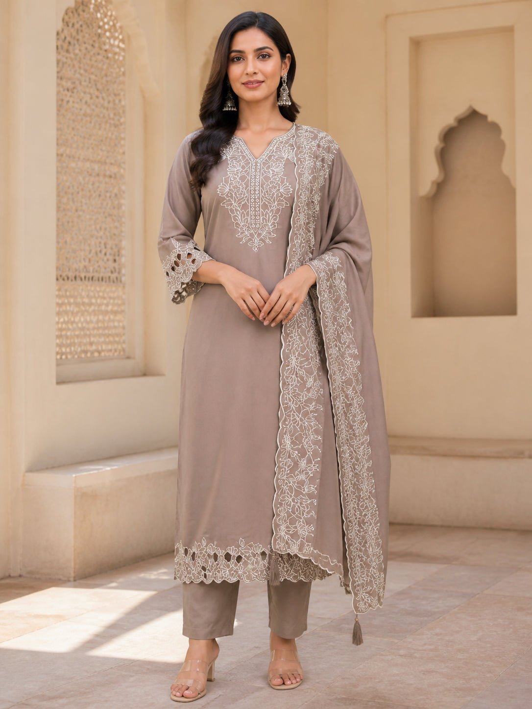 Peachmode Brown Poly Blend Floral Embroidered Salwar Suit Set - Image 1