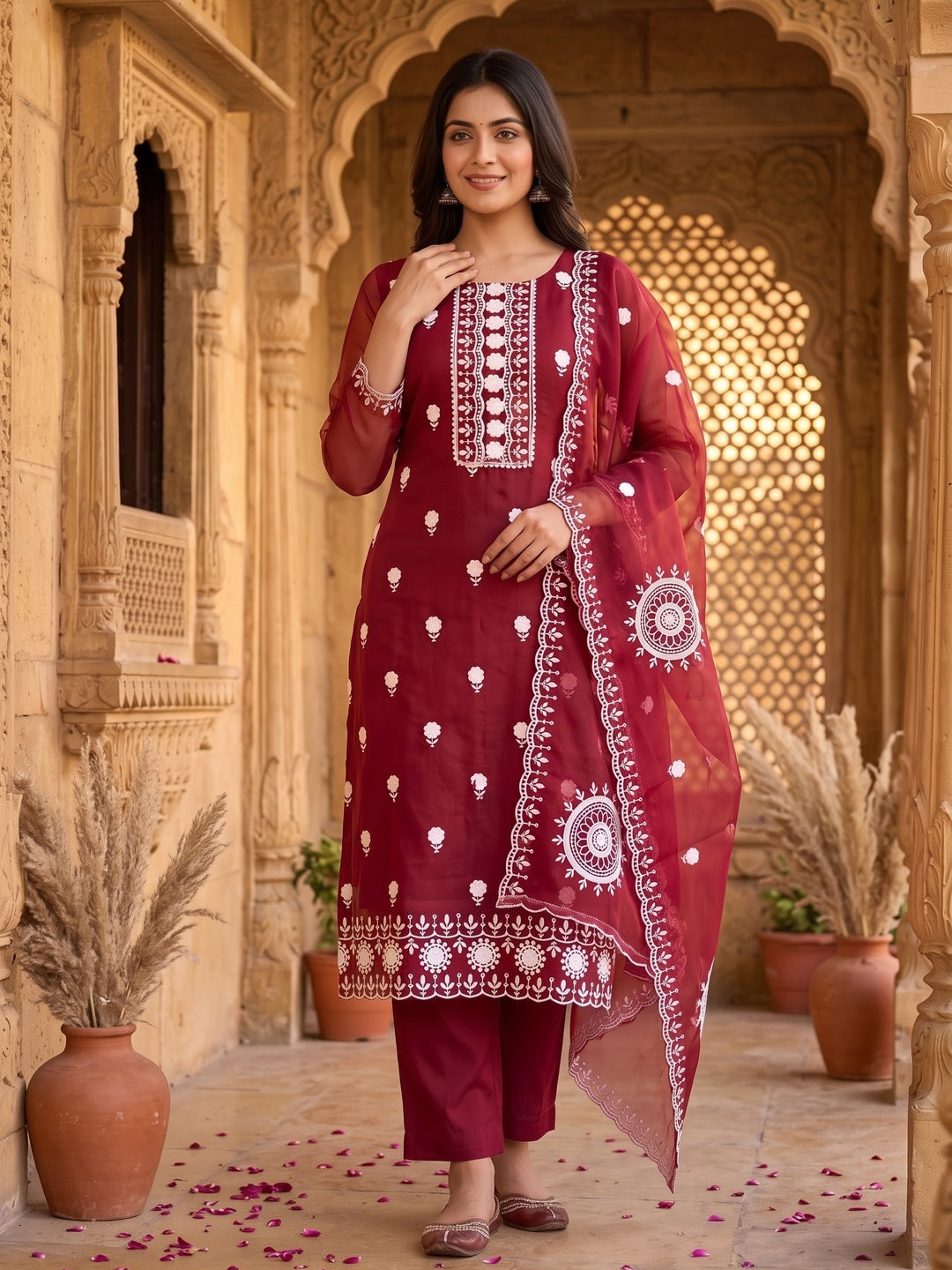 Maroon Floral Embroidered Organza Dress Material - Image 4