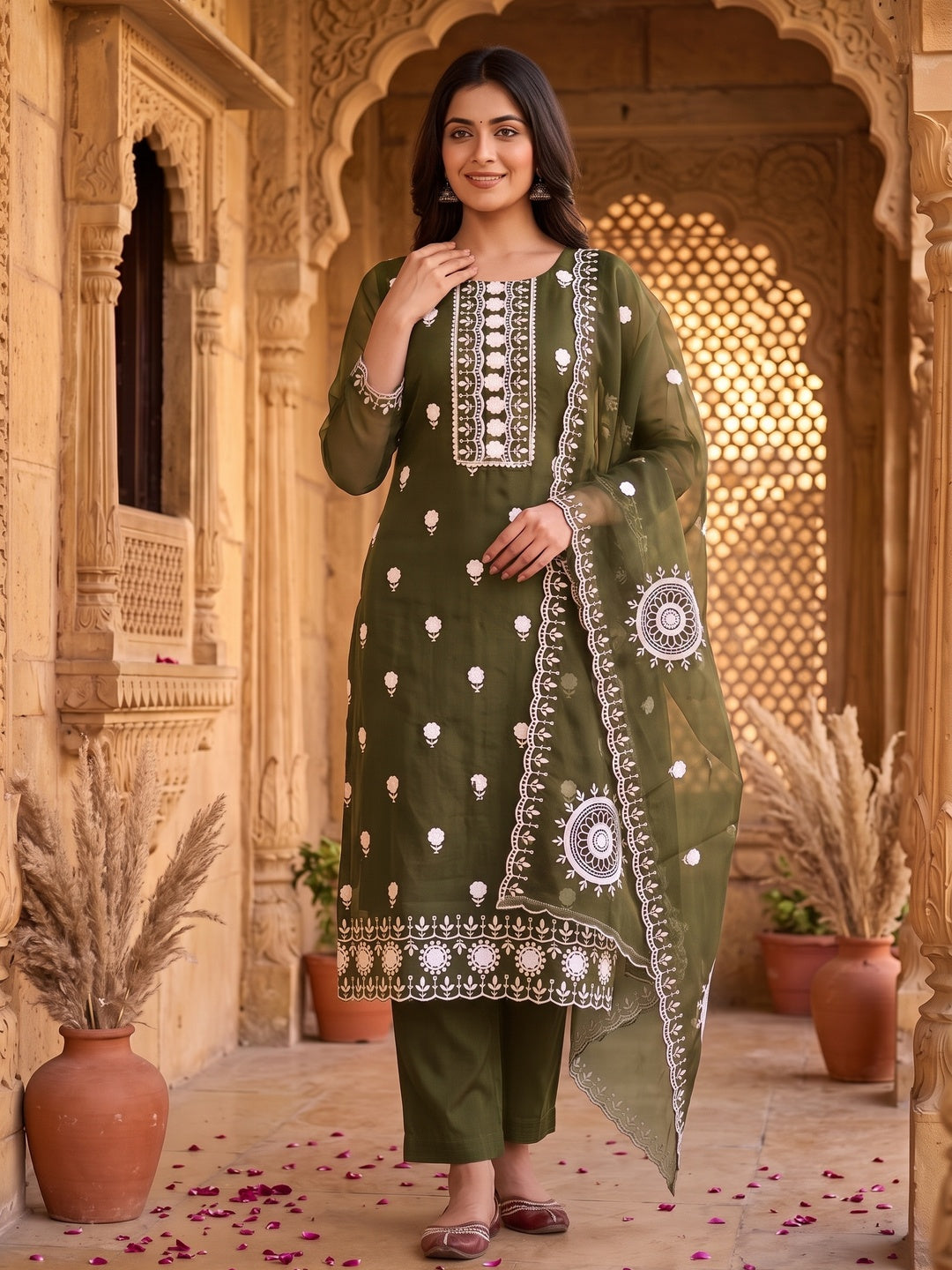Mehendi Green Floral Embroidered Organza Dress Material - Image 4