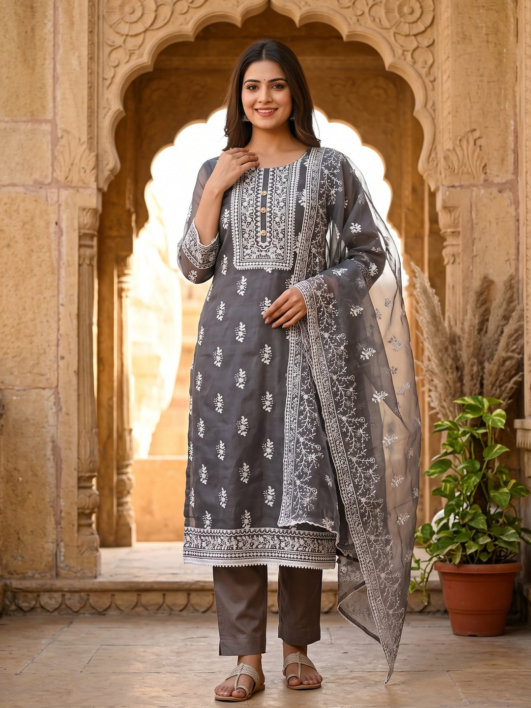 Grey Floral Embroidered Organza Dress Material - Image 4