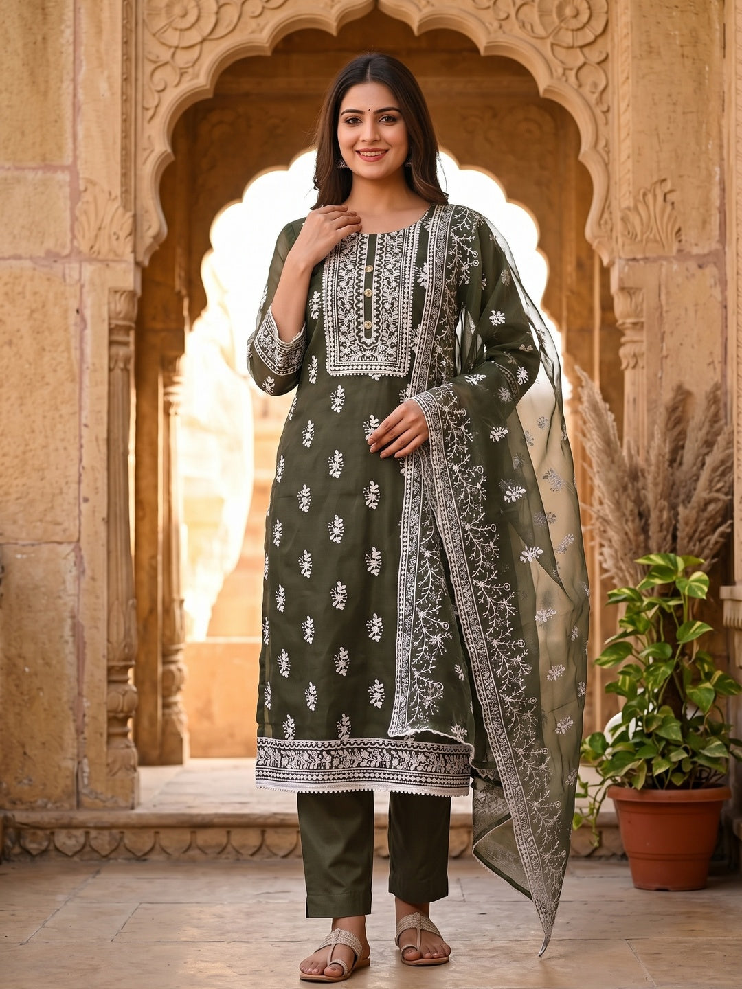 Mehendi Green Floral Embroidered Organza Dress Material - Image 5