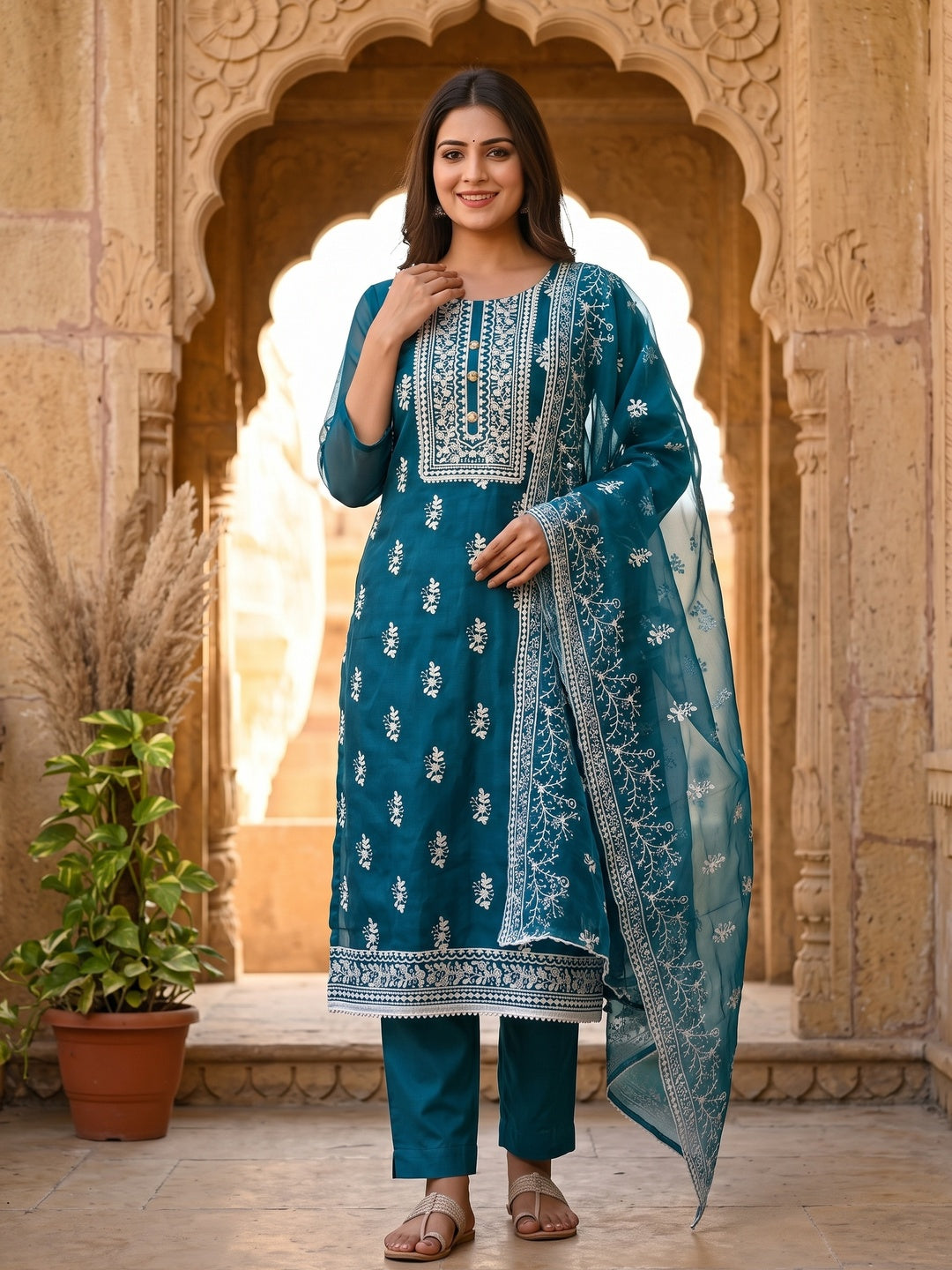 Teal Blue Floral Embroidered Organza Dress Material - Image 4