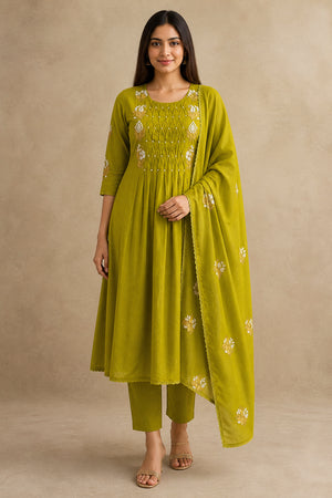 Peachmode Olive Pure Cotton Floral Embroidered Salwar Suit Set - Image 2