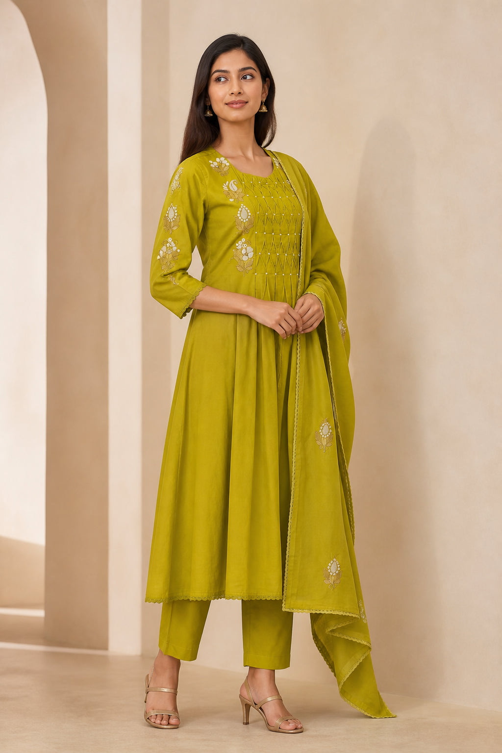 Peachmode Olive Pure Cotton Floral Embroidered Salwar Suit Set - Image 3