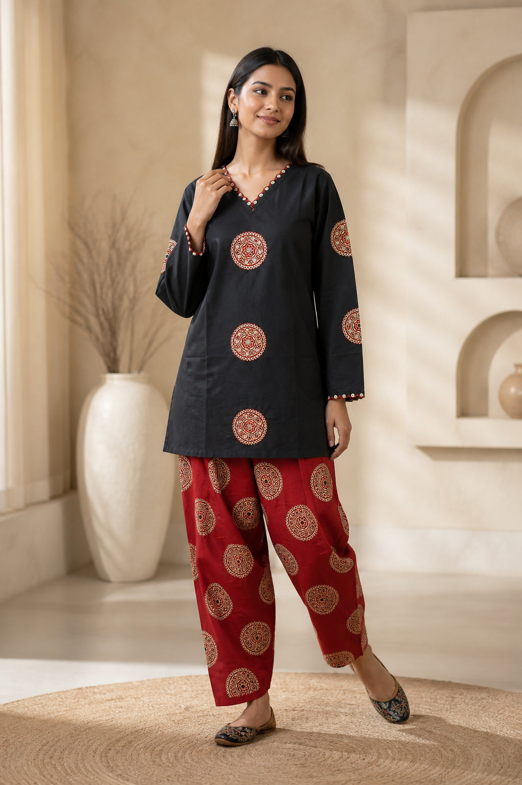 Peachmode Maroon Pure Cotton Embroidered Top Bottom Set - Image 1