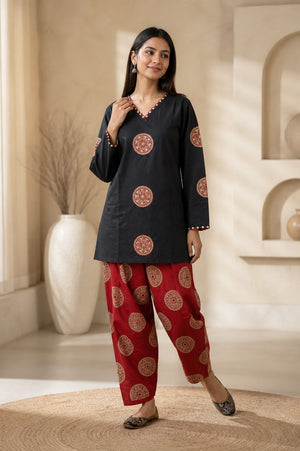 Peachmode Maroon Pure Cotton Embroidered Top Bottom Set - Image 1